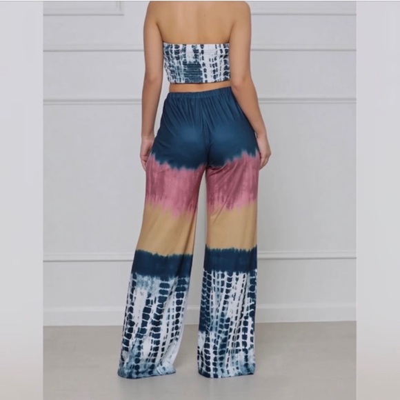 Multicolor Tie Dye Tie Front Crop Top and Wide Leg Palazzo Pants Set Size Large - Picture 2 of 9